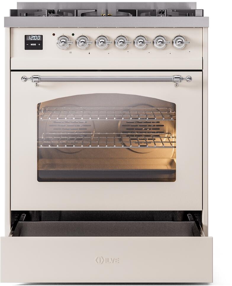 Nostalgie II 30 Inch Dual Fuel Liquid Propane Freestanding Range in Antique White with Chrome Trim