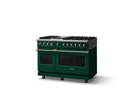 48"W. Dual Fuel Range (Burner: 6g, Finish: Ivy, Trim: Brushed Brass, Fuel: Propane)