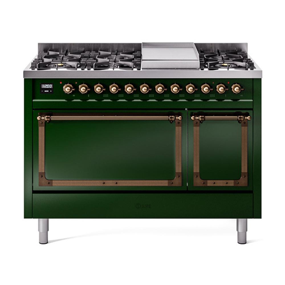 ILVE UN48FQNMPEGB Nostalgie II Noblesse 48 inch Dual Fuel Range (8 Sealed Burners + Griddle, Natural Gas, Solid Door, Emerald Green, Burnished)