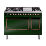 ILVE UN48FQNMPEGB Nostalgie II Noblesse 48 inch Dual Fuel Range (8 Sealed Burners + Griddle, Natural Gas, Solid Door, Emerald Green, Burnished)
