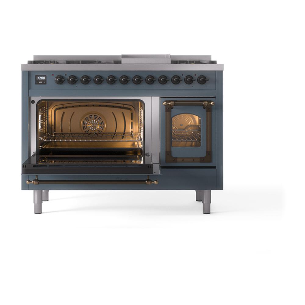 ILVE UN48FNMPBGBLP Nostalgie II Noblesse 48 inch Dual Fuel Range (8 Sealed Burners + Griddle, Liquid Propane, Triple Glass Door, Blue Grey, Burnished)