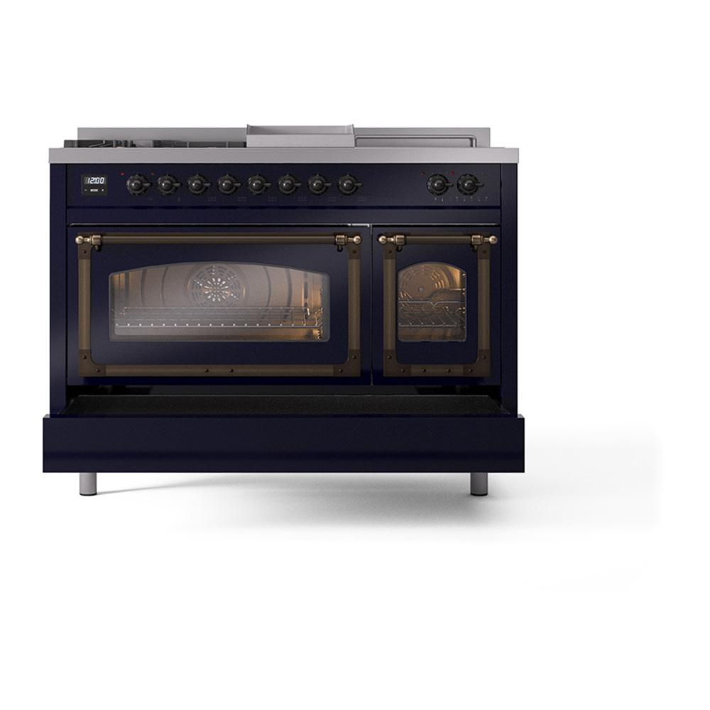 ILVE UN48FSNMPMBB Nostalgie II Noblesse 48 inch Dual Fuel Range (5 Sealed Burners + Griddle + French Top, Natural Gas, Triple Glass Door, Midnight Blue, Burnished)