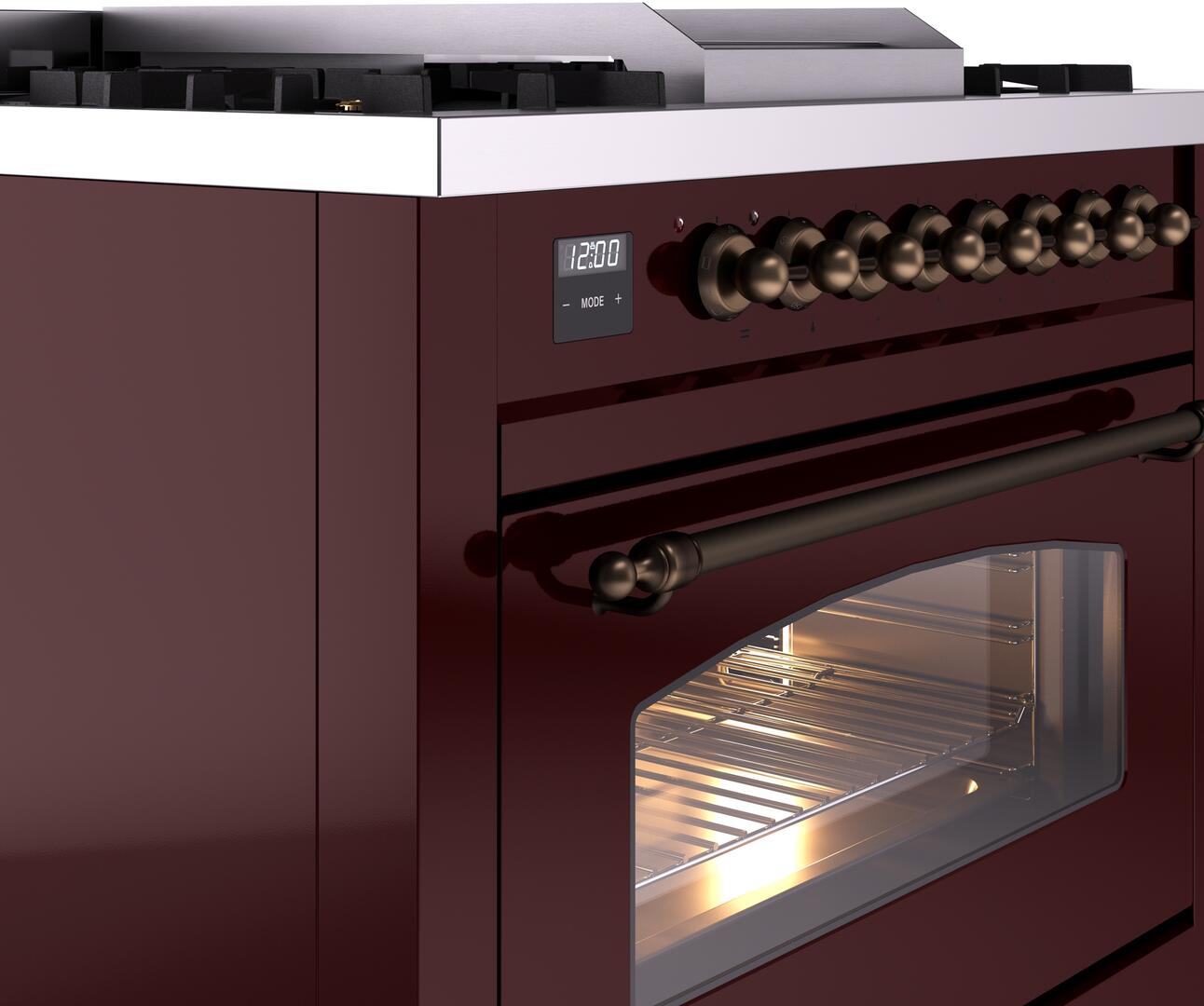 Nostalgie II 36 Inch Dual Fuel Natural Gas Freestanding Range in Burgundy with Bronze Trim