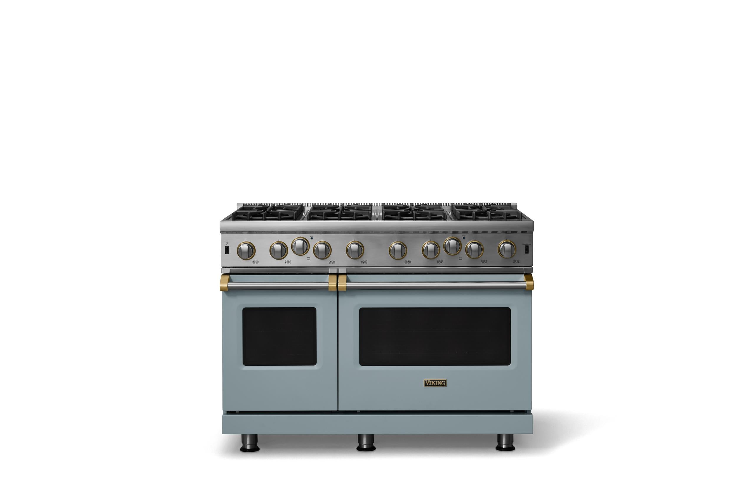 48"W. Open Burner Gas Range (Finish: November Sky, Trim: Brushed Brass, Fuel: Propane)