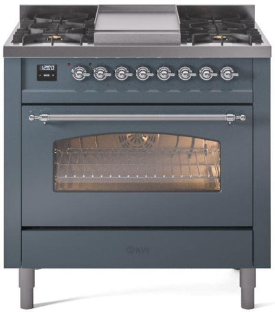 Nostalgie II 36 Inch Dual Fuel Natural Gas Freestanding Range in Blue Grey with Chrome Trim