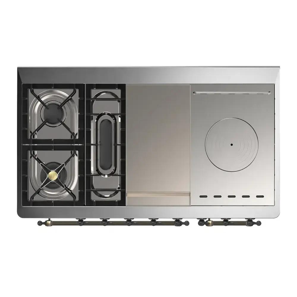 ILVE UM48FSNR3RABLP Majestic III 48 inch Dual Fuel Range with 5 Black Brass Burners, Griddle and French Top, Dual Function Burner up to 25,000 BTU (Liquid Propane, Triple Glass Door, RAL, Burnished)