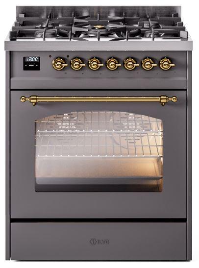 Nostalgie II 30 Inch Dual Fuel Natural Gas Freestanding Range in Matte Graphite with Brass Trim