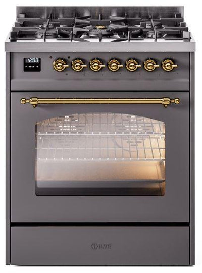 Nostalgie II 30 Inch Dual Fuel Natural Gas Freestanding Range in Matte Graphite with Brass Trim