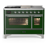 ILVE UM48FSNR3EGC Majestic III 48 inch Dual Fuel Range with 5 Black Brass Burners, Griddle and French Top, Dual Function Burner up to 25,000 BTU (Natural Gas, Triple Glass Door, Emerald Green, Chrome)