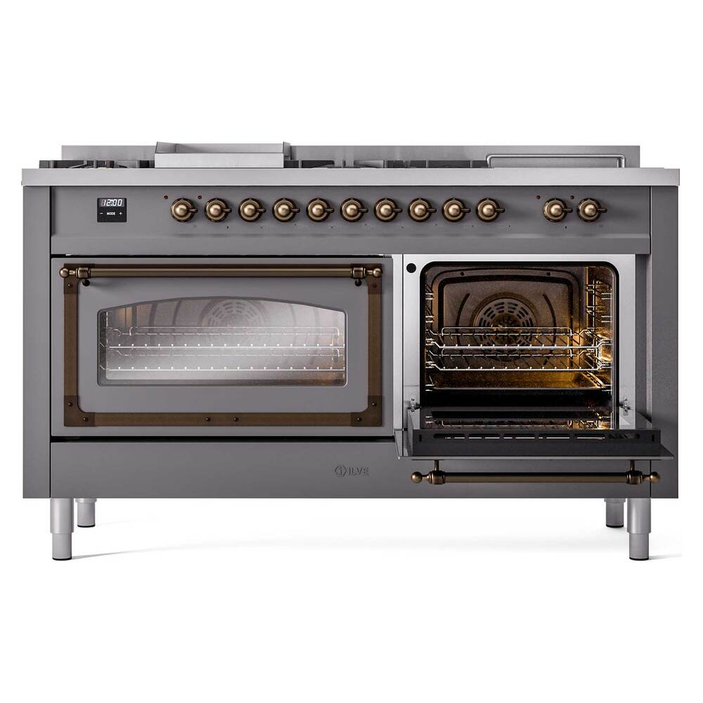 ILVE UN60FSNMPMGBLP Nostalgie II Noblesse 60 inch Dual Fuel Range (7 Sealed Burners + Griddle + French Top, Liquid Propane, Triple Glass Door, Graphite Matte, Burnished)