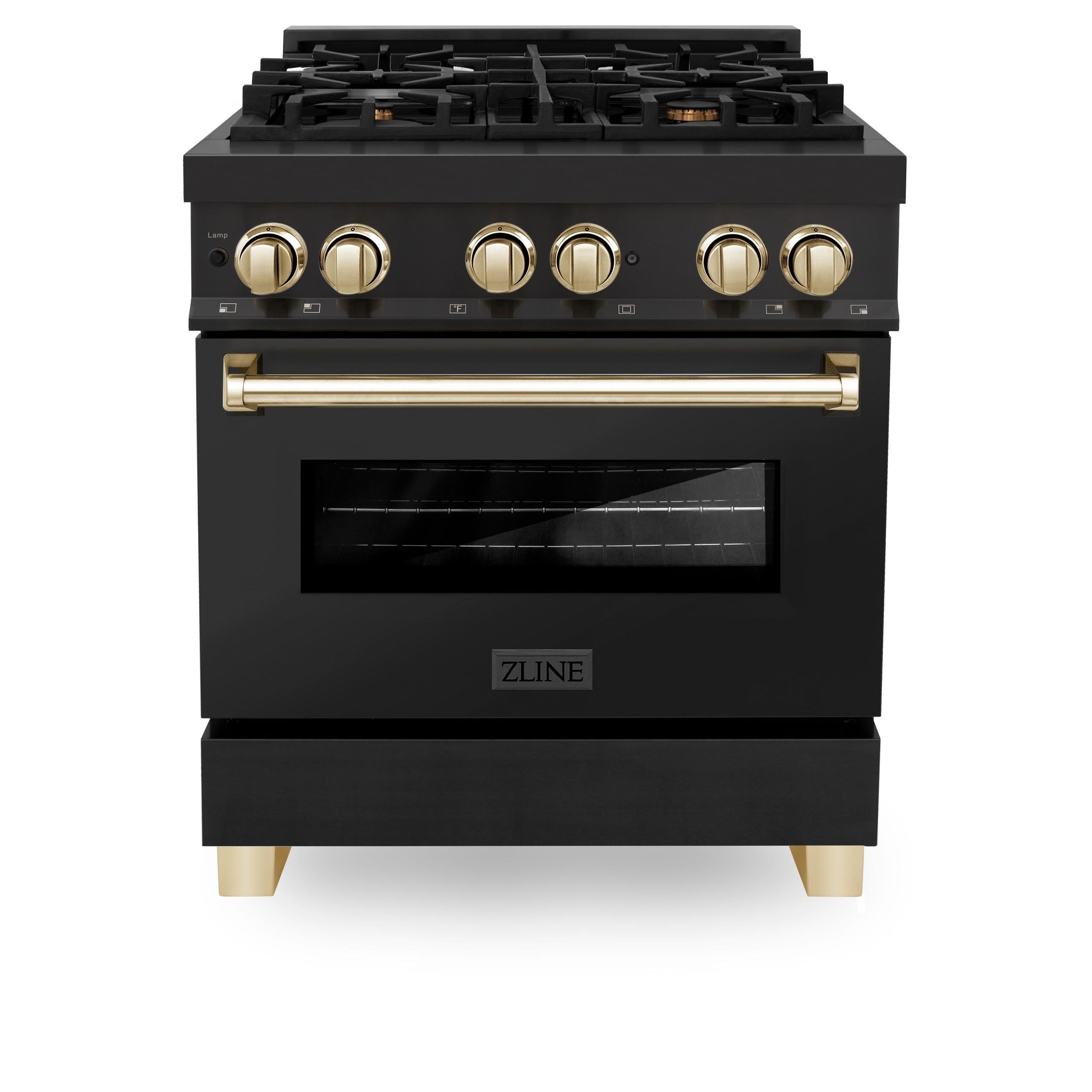ZLINE Autograph Edition 30" 4.0 cu. ft. Dual Fuel Range with Gas Stove and Electric Oven in Black Stainless Steel with Accents (RABZ-30) [Color: Gold]