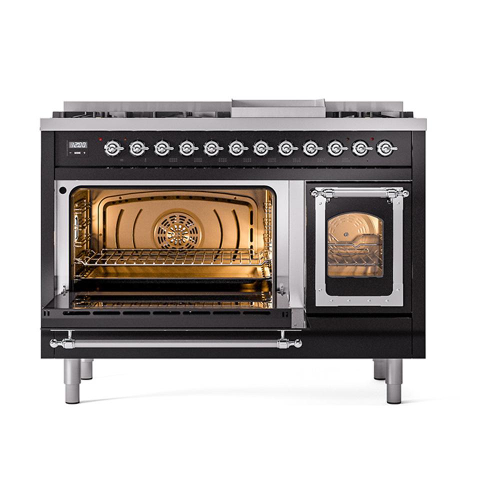 ILVE UN48FNMPBKC Nostalgie II Noblesse 48 inch Dual Fuel Range (8 Sealed Burners + Griddle, Natural Gas, Triple Glass Door, Glossy Black, Chrome)