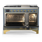 ILVE UM48FNR3BGG Majestic III 48 inch Dual Fuel Range with 8 Burners and Griddle, Dual Function Burner up to 25,000 BTU (Natural Gas, Triple Glass Door, Blue Grey, Brass)