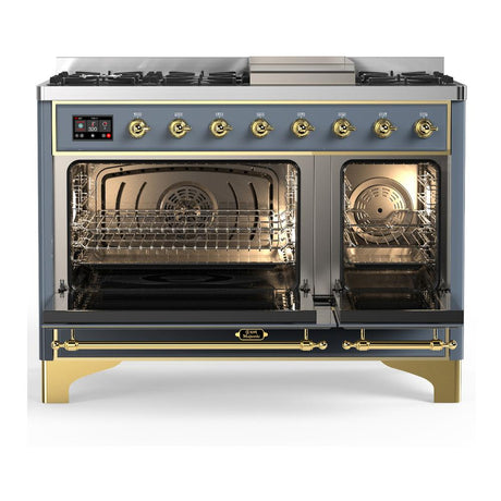 ILVE UM48FNR3BGG Majestic III 48 inch Dual Fuel Range with 8 Burners and Griddle, Dual Function Burner up to 25,000 BTU (Natural Gas, Triple Glass Door, Blue Grey, Brass)