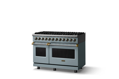 48"W. Dual Fuel Range (Burner: 8b, Finish: November Sky, Trim: Brushed Brass, Fuel: Natural Gas)