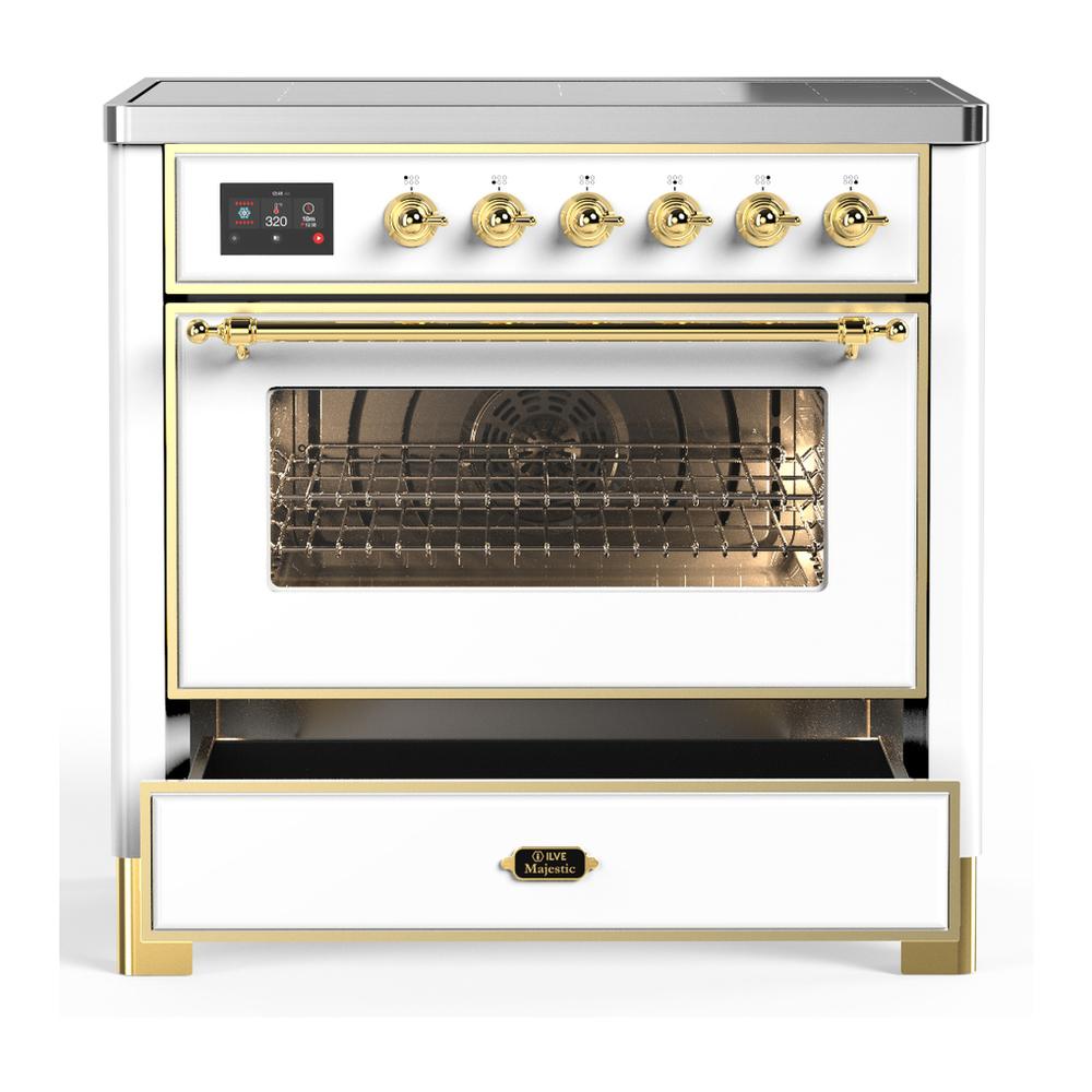 ILVE UMIB36NR3WHG Majestic III 36 inch Induction Range with 6 Elements, 3.5 cu. ft. Total Oven Capacity (Triple Glass Door, White, Brass)