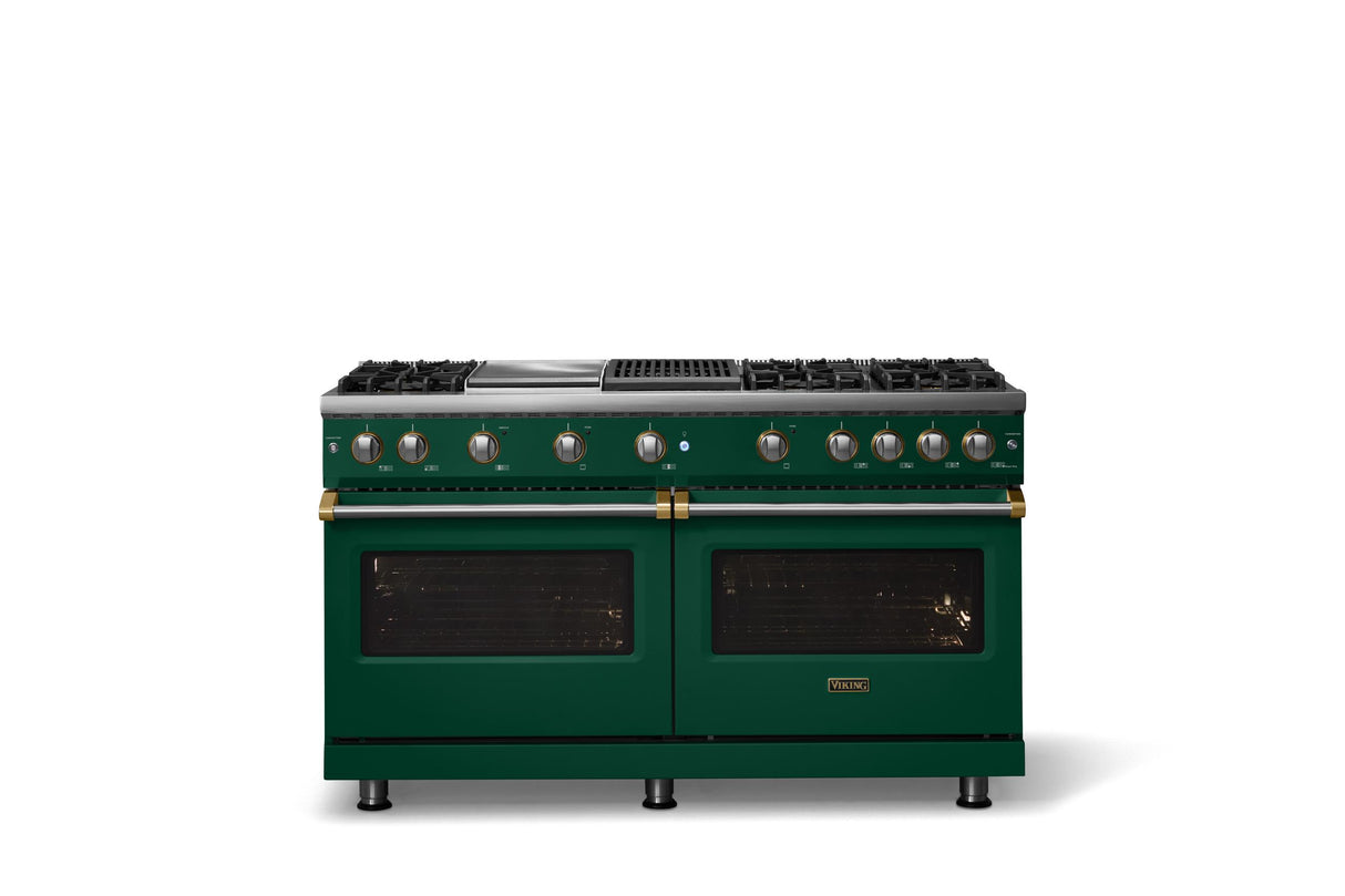 60"W. Sealed Burner Gas Range (Finish: Ivy, Trim: Brushed Brass, Fuel: Propane)