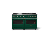 60"W. Sealed Burner Gas Range (Finish: Ivy, Trim: Brushed Brass, Fuel: Propane)