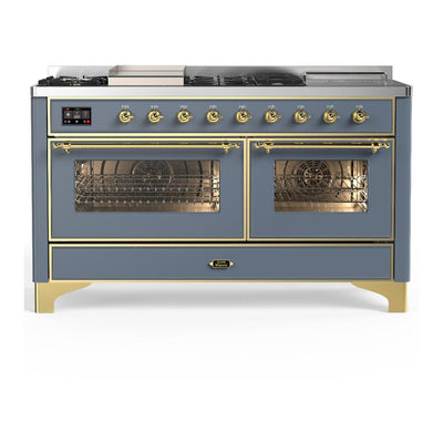 ILVE UM60FSNR3BGG Majestic III 60 inch Dual Fuel Range with 7 Burners, Griddle and French Top, Dual Function Burner with up to 25,000 BTU (Natural Gas, Triple Glass Door, Blue Grey, Brass)