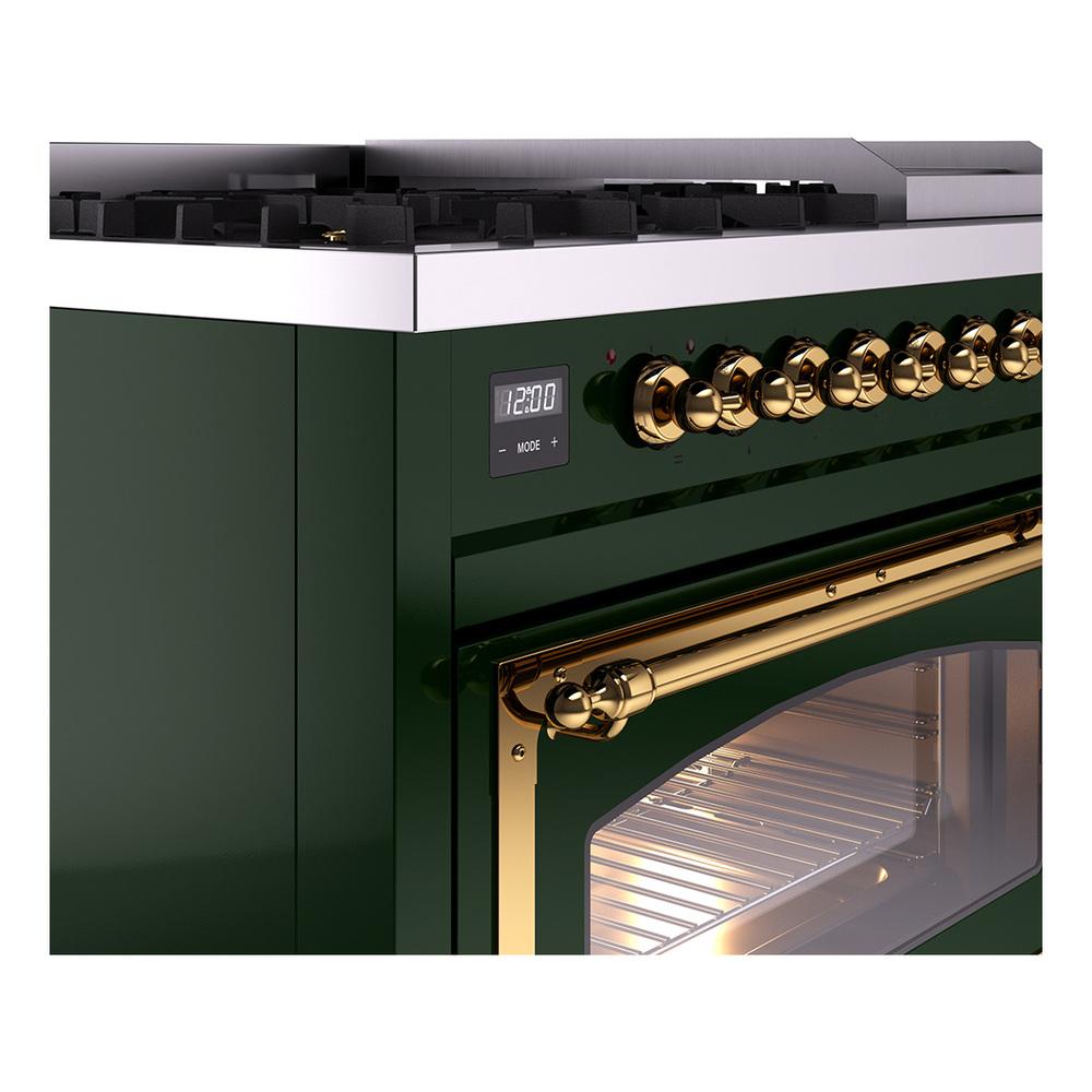 ILVE UN48FNMPEGG Nostalgie II Noblesse 48 inch Dual Fuel Range (8 Sealed Burners + Griddle, Natural Gas, Triple Glass Door, Emerald Green, Brass)