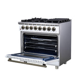 Forno Massimo 36 Inch Freestanding Dual Fuel Range in White with Antique Brass Accessories, 6 Burners, 5.36 cu. ft. Convection Oven