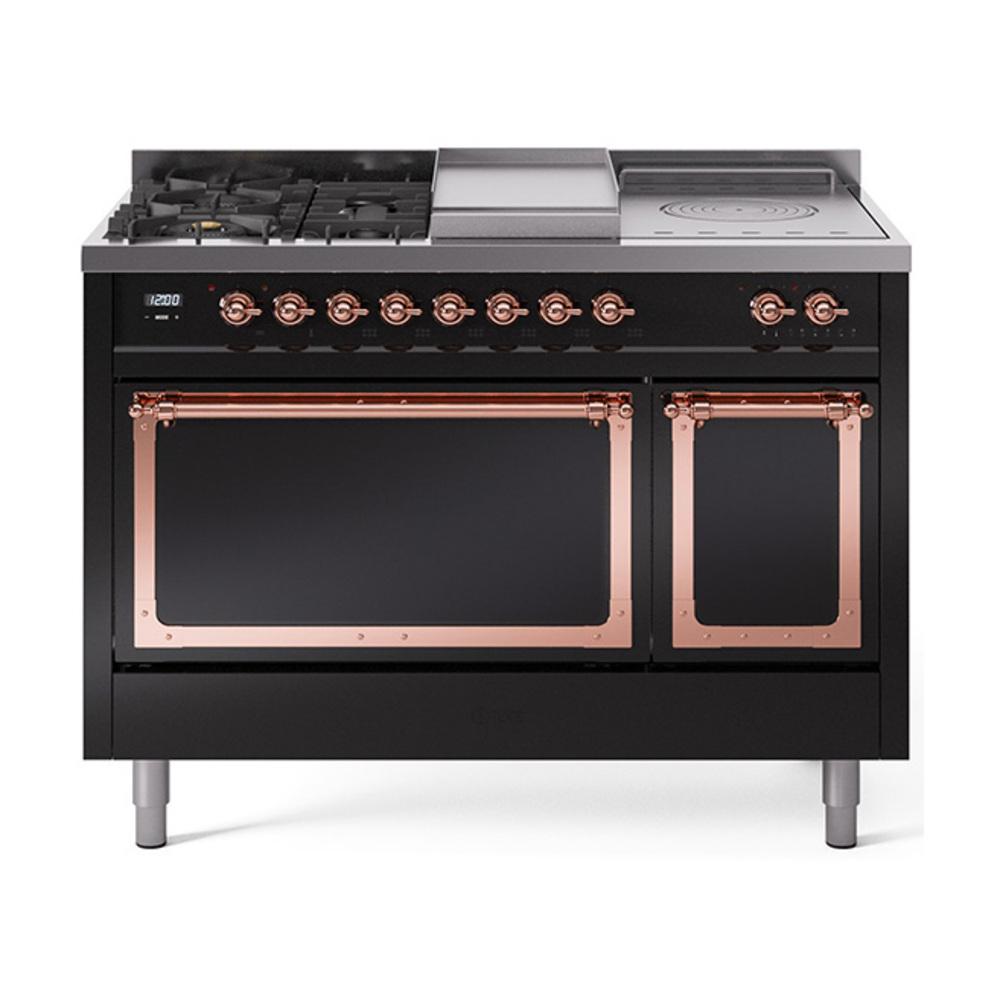 ILVE UN48FSQNMPBKPLP Nostalgie II Noblesse 48 inch Dual Fuel Range (5 Sealed Burners + Griddle + French Top, Liquid Propane, Solid Door, Glossy Black, Copper)