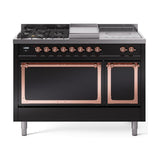 ILVE UN48FSQNMPBKPLP Nostalgie II Noblesse 48 inch Dual Fuel Range (5 Sealed Burners + Griddle + French Top, Liquid Propane, Solid Door, Glossy Black, Copper)