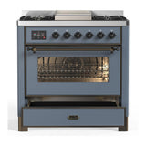 ILVE UM36FNR3BGBLP Majestic III 36 inch Dual Fuel Range with 6 Black Brass Burners and Griddle, Dual Function Burner up to 25,000 BTU (Triple Glass Door, Blue Grey, Burnished, Liquid Propane)