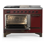ILVE UM48FSQNR3BUB Majestic III 48 inch Dual Fuel Range with 5 Black Brass Burners, Griddle and French Top, Dual Function Burner up to 25,000 BTU (Natural Gas, Solid Door, Burgundy, Burnished)
