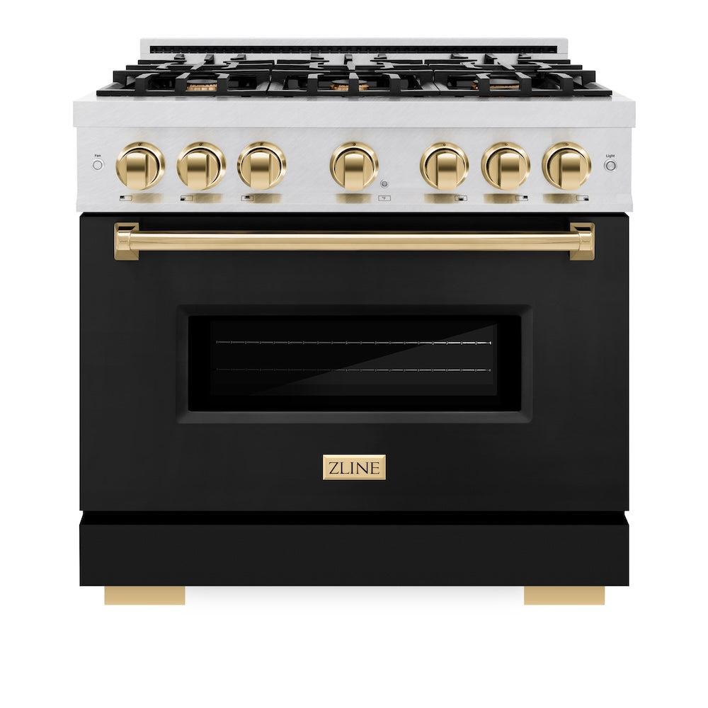 ZLINE Autograph Edition 36 in. 5.2 cu. ft. Classic Dual Fuel Range with 6 Burner Gas Cooktop and Electric Convection Oven in DuraSnow' Stainless Steel with Black Matte Door and Polished Gold Accents (CDRSZ-BLM-36-G)