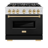 ZLINE Autograph Edition 36 in. 5.2 cu. ft. Classic Dual Fuel Range with 6 Burner Gas Cooktop and Electric Convection Oven in DuraSnow' Stainless Steel with Black Matte Door and Polished Gold Accents (CDRSZ-BLM-36-G)
