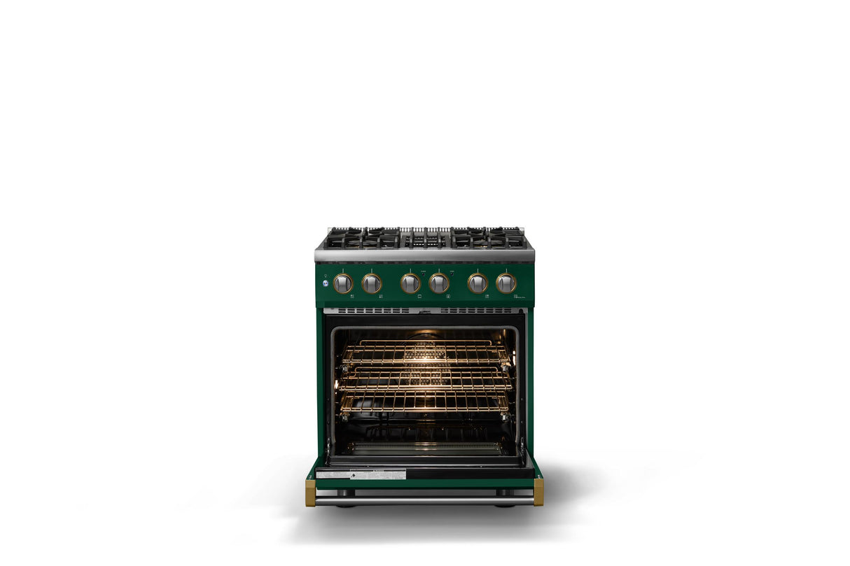 30"W. Dual Fuel Range (Finish: Ivy, Trim: Brushed Brass, Fuel: Natural Gas)