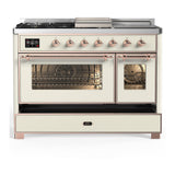 ILVE UM48FSNR3AWP Majestic III 48 inch Dual Fuel Range with 5 Black Brass Burners, Griddle and French Top, Dual Function Burner up to 25,000 BTU (Natural Gas, Triple Glass Door, Antique White, Copper)