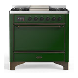 ILVE UM36FQNR3EGBLP Majestic III 36 inch Dual Fuel Range with 6 Black Brass Burners and Griddle, Dual Function Burner up to 25,000 BTU (Solid Door, Emerald Green, Burnished, Liquid Propane)