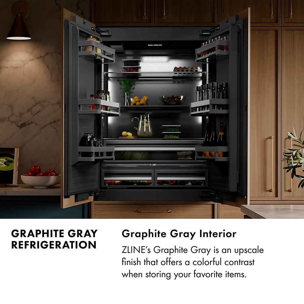 ZLINE Autograph Edition 30 in. 16.1 cu. ft. Built-In Bottom Freezer Refrigerator with Water Dispenser and Ice Maker in Stainless Steel with Graphite Gray Interior and Champagne Bronze Helix Handles (GRBIVZ-30430KCB)