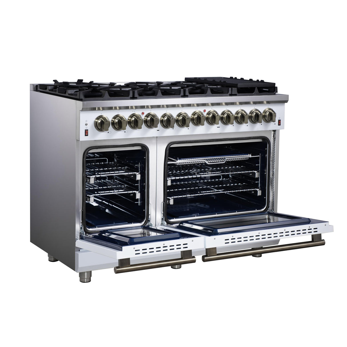 Forno Massimo 48 Inch Freestanding Dual Fuel Range in White with Antique Brass Accessories, 8 Burners, 6.58 cu. ft. Convection Oven