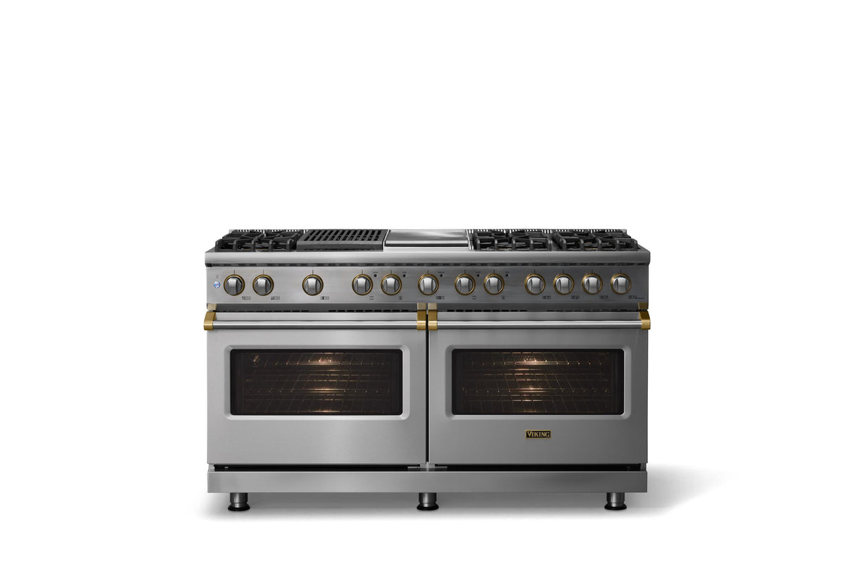 60"W.Dual Fuel Range (Finish: Stainless Steel, Trim: Brushed Brass, Fuel: Natural Gas)