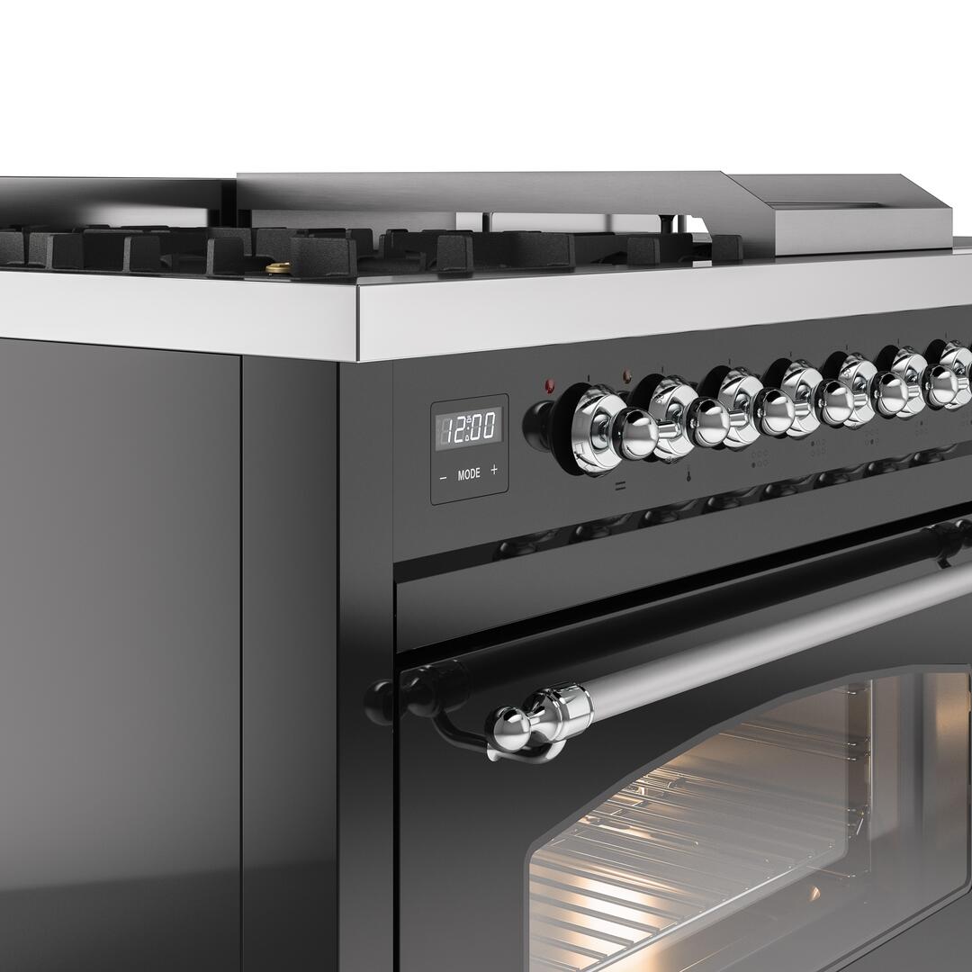 Nostalgie II 48 Inch Dual Fuel Liquid Propane Freestanding Range in Glossy Black with Chrome Trim