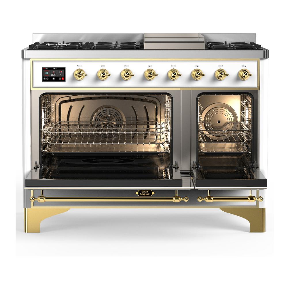 ILVE UM48FNR3WHGLP Majestic III 48 inch Dual Fuel Range with 8 Burners and Griddle, Dual Function Burner up to 25,000 BTU (Liquid Propane, Triple Glass Door, White, Brass)