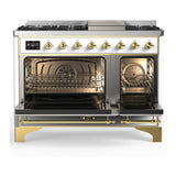 ILVE UM48FNR3WHGLP Majestic III 48 inch Dual Fuel Range with 8 Burners and Griddle, Dual Function Burner up to 25,000 BTU (Liquid Propane, Triple Glass Door, White, Brass)