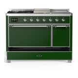 ILVE UM48FSQNR3EGC Majestic III 48 inch Dual Fuel Range with 5 Black Brass Burners, Griddle and French Top, Dual Function Burner up to 25,000 BTU (Natural Gas, Solid Door, Emerald Green, Chrome)