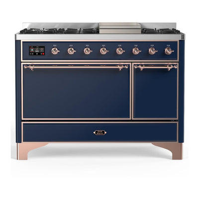 ILVE UM48FQNR3MBP Majestic III 48 inch Dual Fuel Range with 8 Burners and Griddle, Dual Function Burner up to 25,000 BTU (Natural Gas, Solid Door, Midnight Blue, Copper)