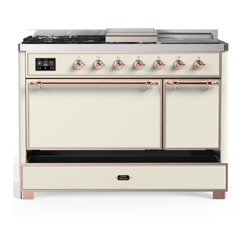 ILVE UM48FSQNR3AWP Majestic III 48 inch Dual Fuel Range with 5 Black Brass Burners, Griddle and French Top, Dual Function Burner up to 25,000 BTU (Natural Gas, Solid Door, Antique White, Copper)