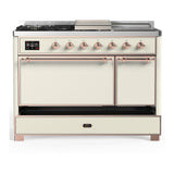 ILVE UM48FSQNR3AWP Majestic III 48 inch Dual Fuel Range with 5 Black Brass Burners, Griddle and French Top, Dual Function Burner up to 25,000 BTU (Natural Gas, Solid Door, Antique White, Copper)