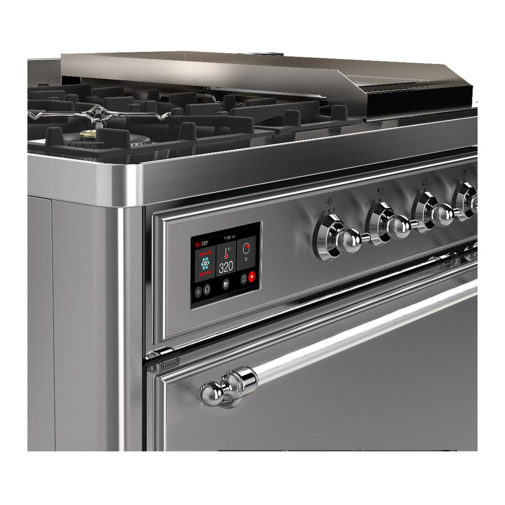 ILVE UM48FSQNR3SSC Majestic III 48 inch Dual Fuel Range with 5 Black Brass Burners, Griddle and French Top, Dual Function Burner up to 25,000 BTU (Natural Gas, Solid Door, Stainless Steel, Chrome)