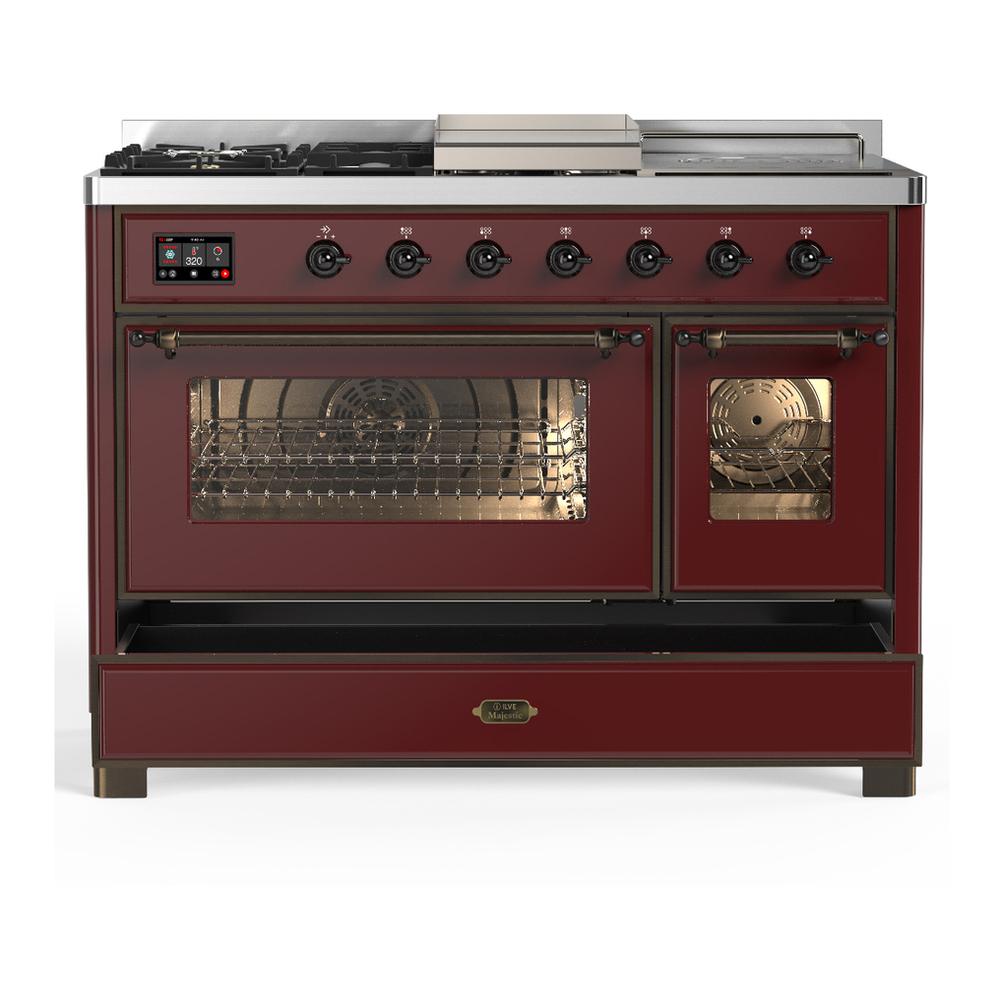 ILVE UM48FSNR3BUBLP Majestic III 48 inch Dual Fuel Range with 5 Black Brass Burners, Griddle and French Top, Dual Function Burner up to 25,000 BTU (Liquid Propane, Triple Glass Door, Burgundy, Burnished)