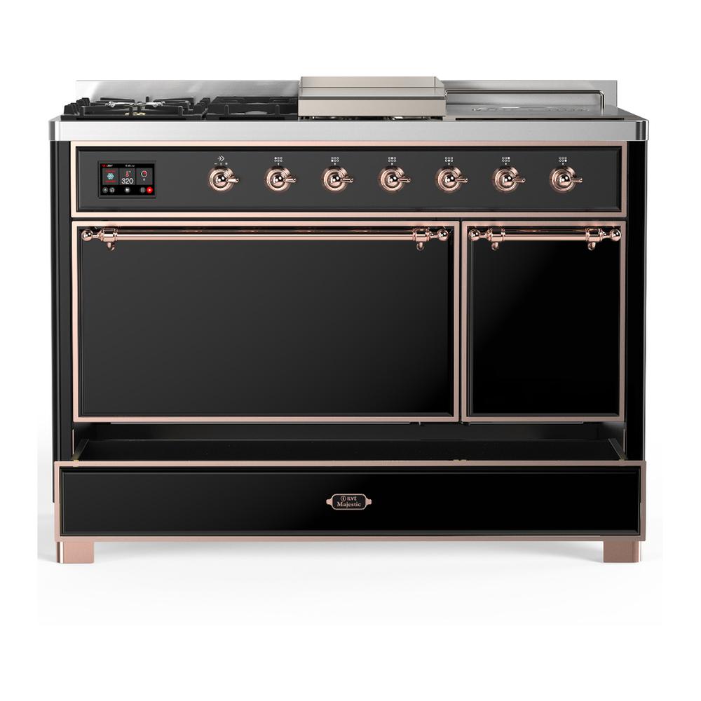ILVE UM48FSQNR3BKPLP Majestic III 48 inch Dual Fuel Range with 5 Black Brass Burners, Griddle and French Top, Dual Function Burner up to 25,000 BTU (Liquid Propane, Solid Door, Glossy Black, Copper)