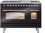 Nostalgie II 48 Inch Dual Fuel Natural Gas Freestanding Range in Glossy Black with Chrome Trim