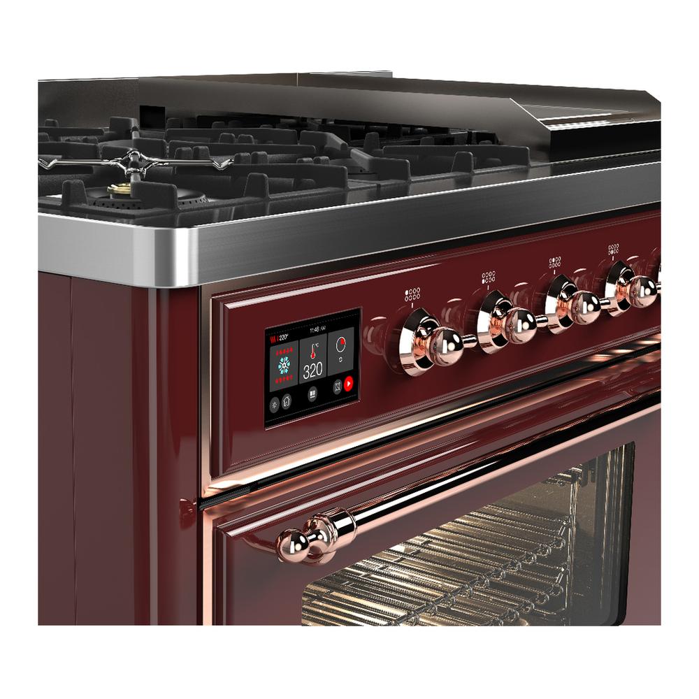 ILVE UM48FNR3BUPLP Majestic III 48 inch Dual Fuel Range with 8 Burners and Griddle, Dual Function Burner up to 25,000 BTU (Liquid Propane, Triple Glass Door, Burgundy, Copper)