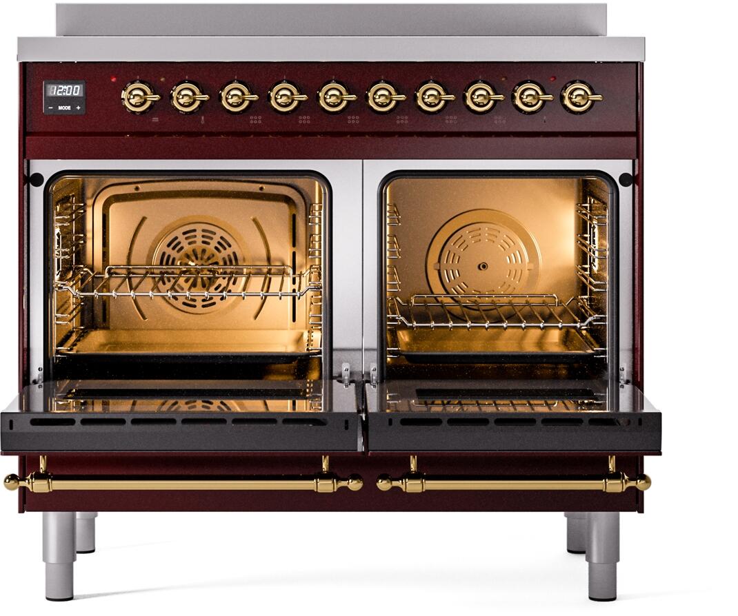 Nostalgie II 40 Inch Electric Freestanding Range in Burgundy with Brass Trim
